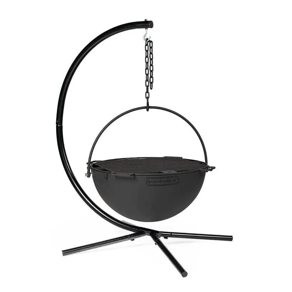 

amp Ember 30 Cast Iron Cauldron Fire Pit Bowl, Double Hinged Grill Grate with EasyLift Handles, Handing Chain and Cauldron Stan