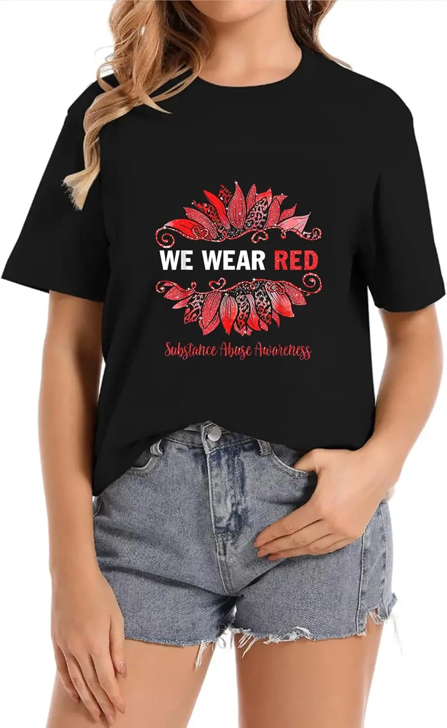 We Wear Red Sunflower Crew Neck Casual Short Sleeve Vintage Summer Graphic T-Shirt for Women