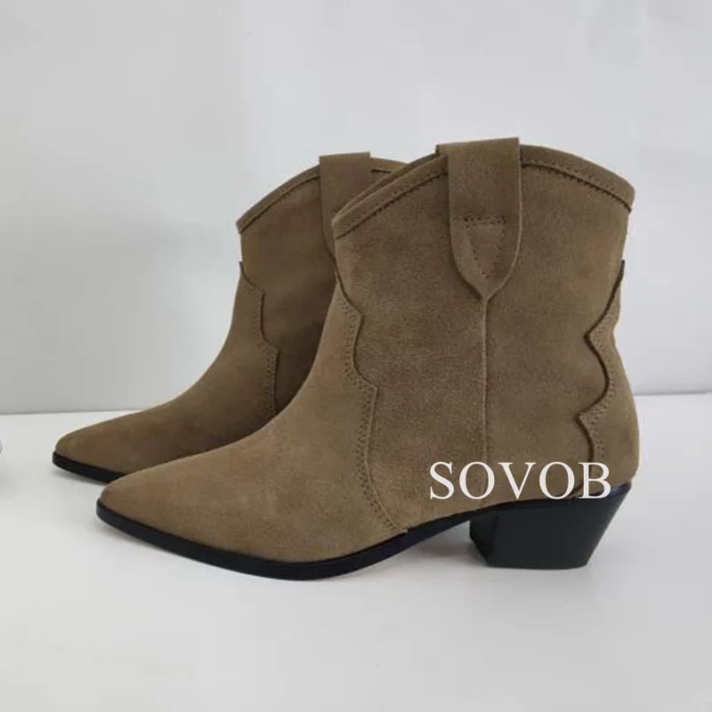 New Spring Autumn Pointed Toe Chunky Short Boots Women's Solid Color Versatile Western Cowboy Boots British Style Ankle Boots