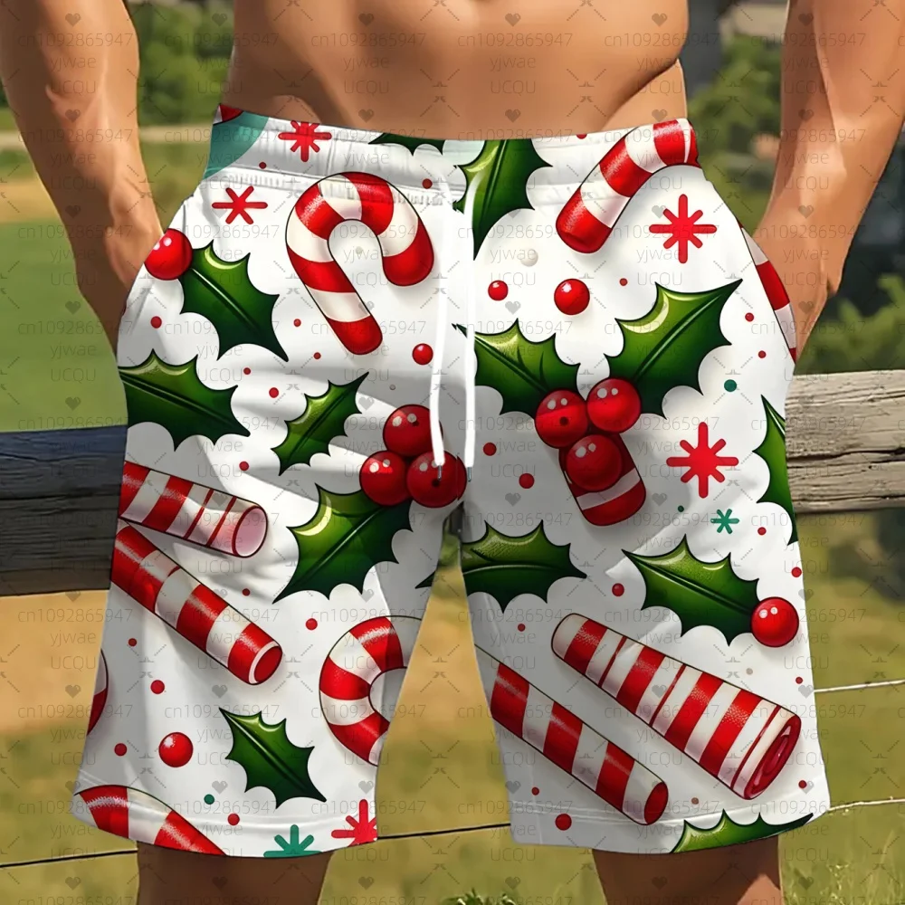 2025 new Men's Board Shorts Christmas candy cane holly Trunks Drawstring Elastic Quick Dry Hawaiian Beach Shorts men clothing