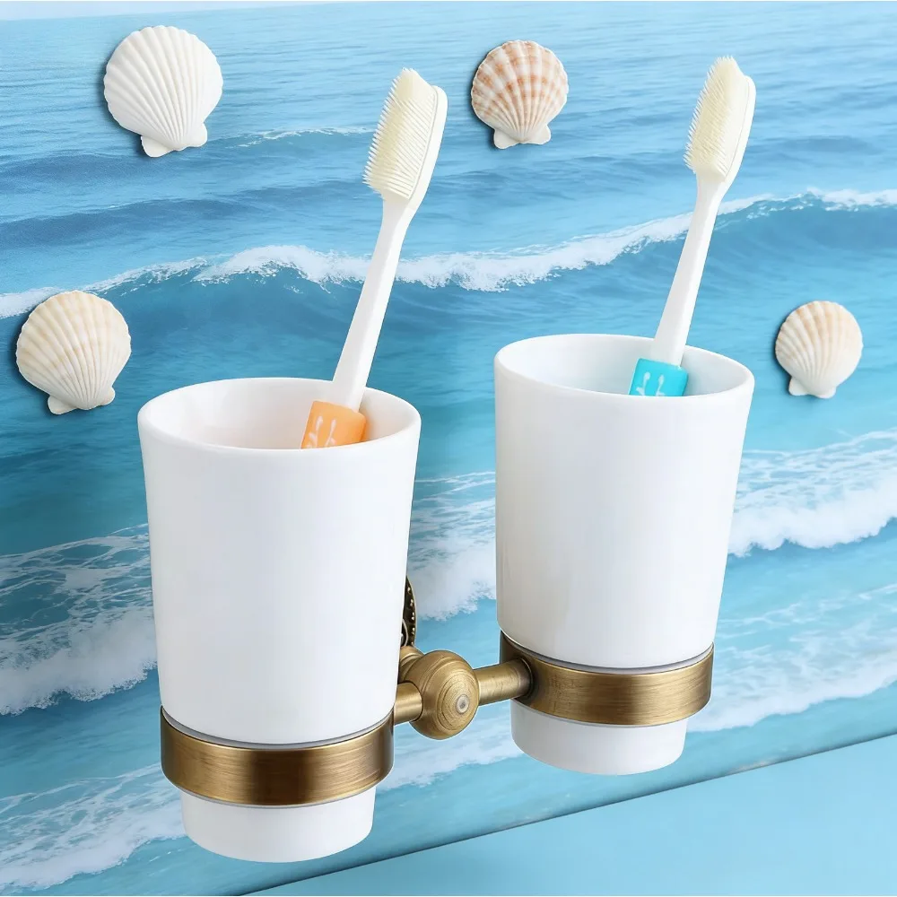 

Настенный антикварный латунный двойной держатель для чашки, держатель для зубной щетки, роскошный держатель для зубной щетки в европейском стиле