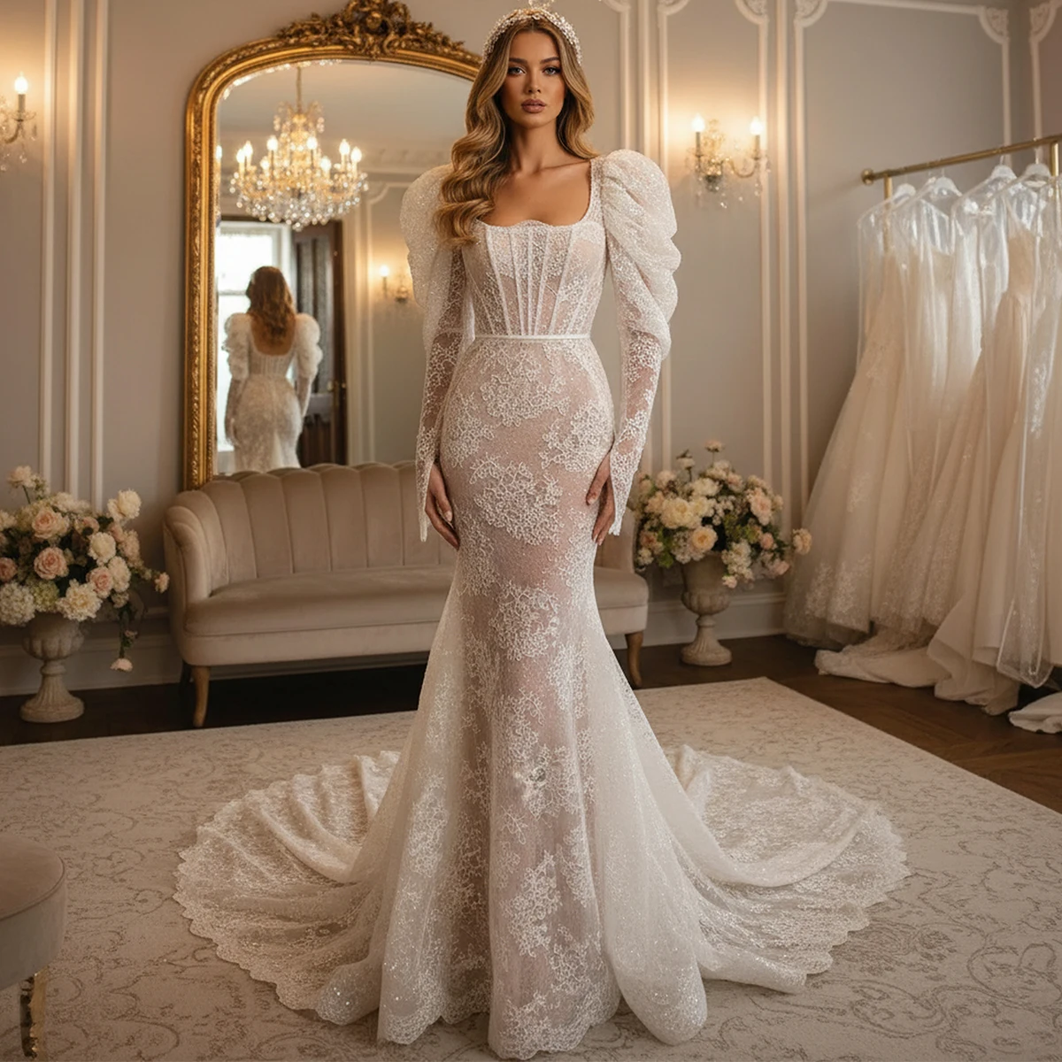 

Luxury Long Sleeve Lace Mermaid Wedding Dress With Train Vestidos Novia Sheath Pleated Bridal Party Gown For Bride