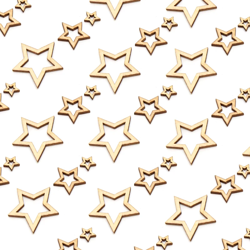 100 unids/lote de estrellas huecas de madera para manualidades, piezas de adorno recortadas en forma de estrella de rebanada de madera de 1-3cm para proyectos de manualidades DIY