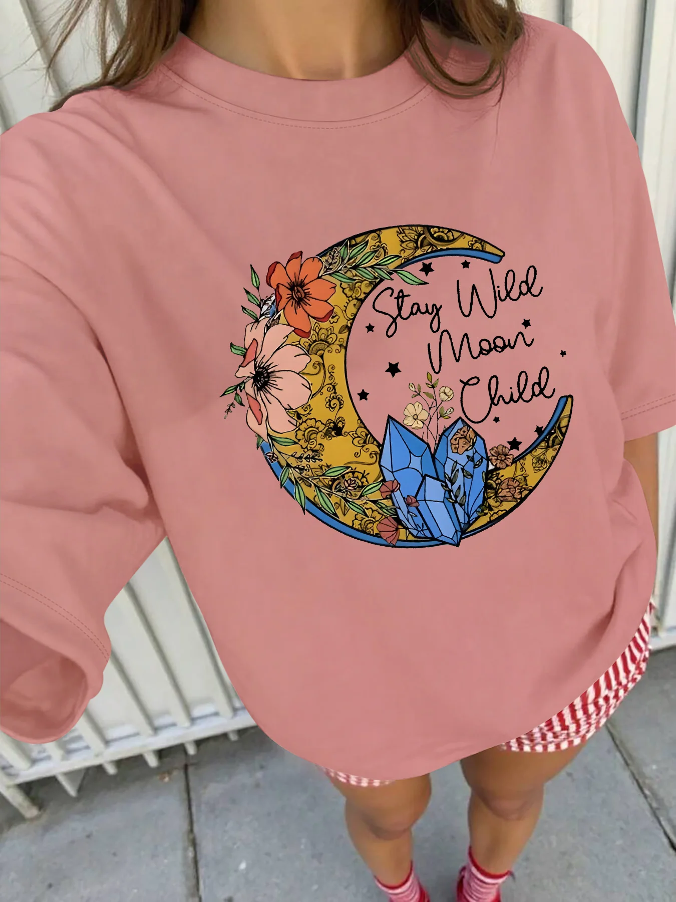 

Plus - Size Short Sleeve T - Shirt: “Stay Wild Moon Child” Floral Moon & Crystal Graphic, Various Colors