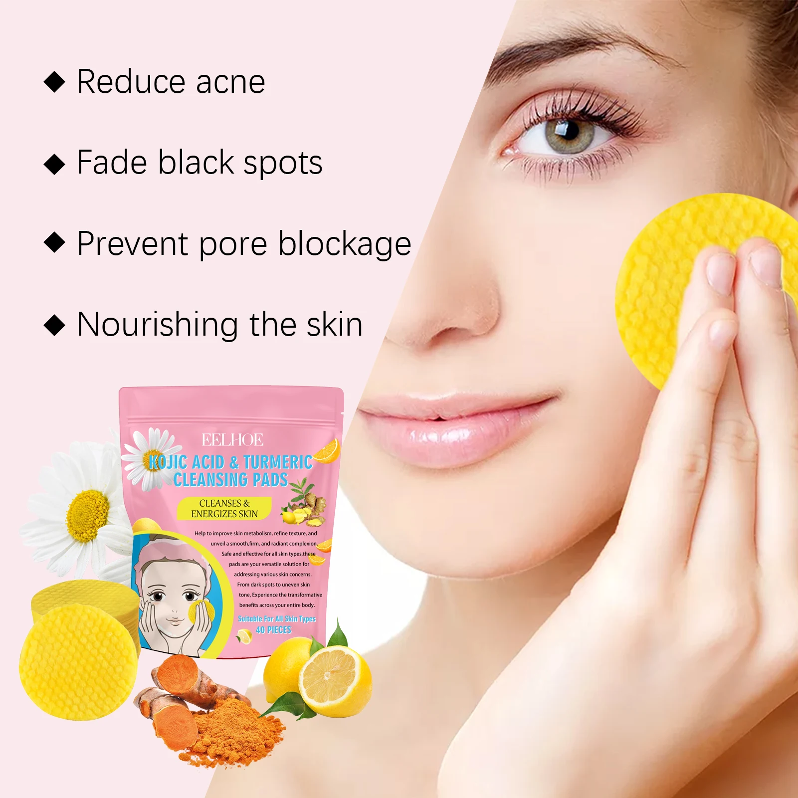 40pcs Turmeric Kojic Acid Cleansing Pad Gentle Cleansing Exfoliating Pads Fades Dark Spots Brightens Daily Cleansing Skin Care image 2