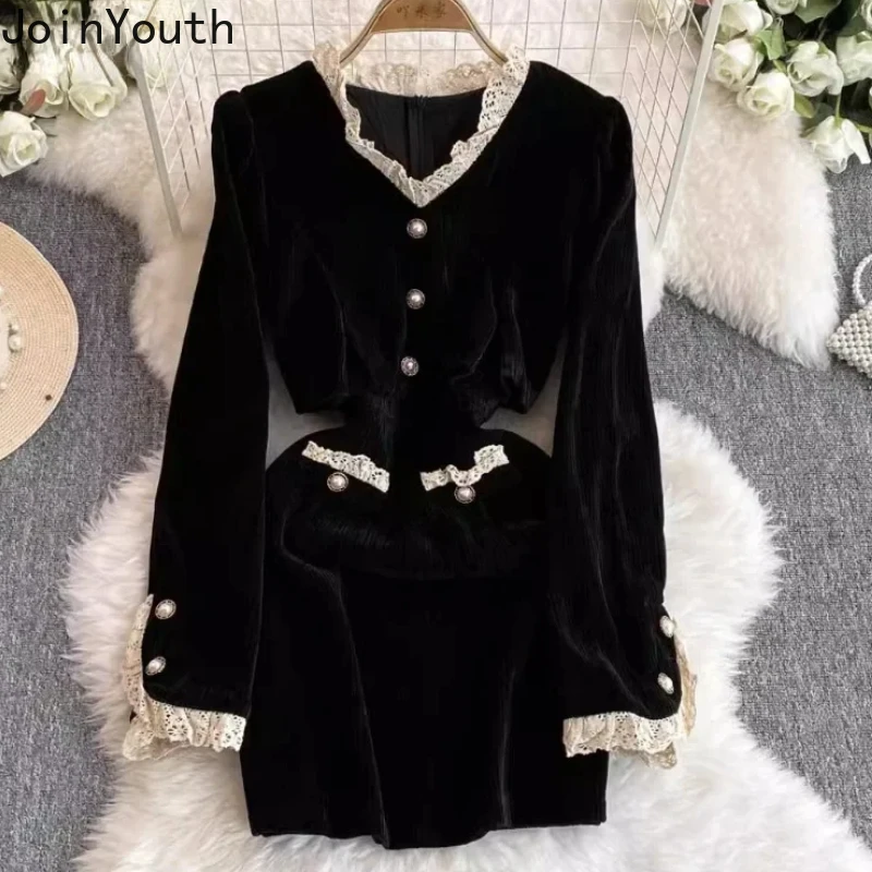 Black Fake Two Dresses Women V-Neck Slim Fit Robe Femme  2024 Vestidos De Mujer Patchwork Lace Elegant Vintage Corduroy Dress