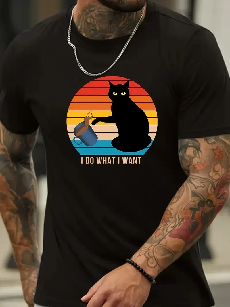 

Black Cat Print Tees For Men, Casual Crew Neck Short Sleeve T-Shirt, Comfortable Breathable T-shirt For All Seasons