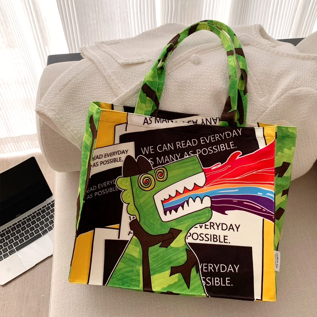 

Женская сумка большой емкости с радужным драконом, оригинальный дизайн, большая сумка на молнии, экологически чистая хлопковая сумка