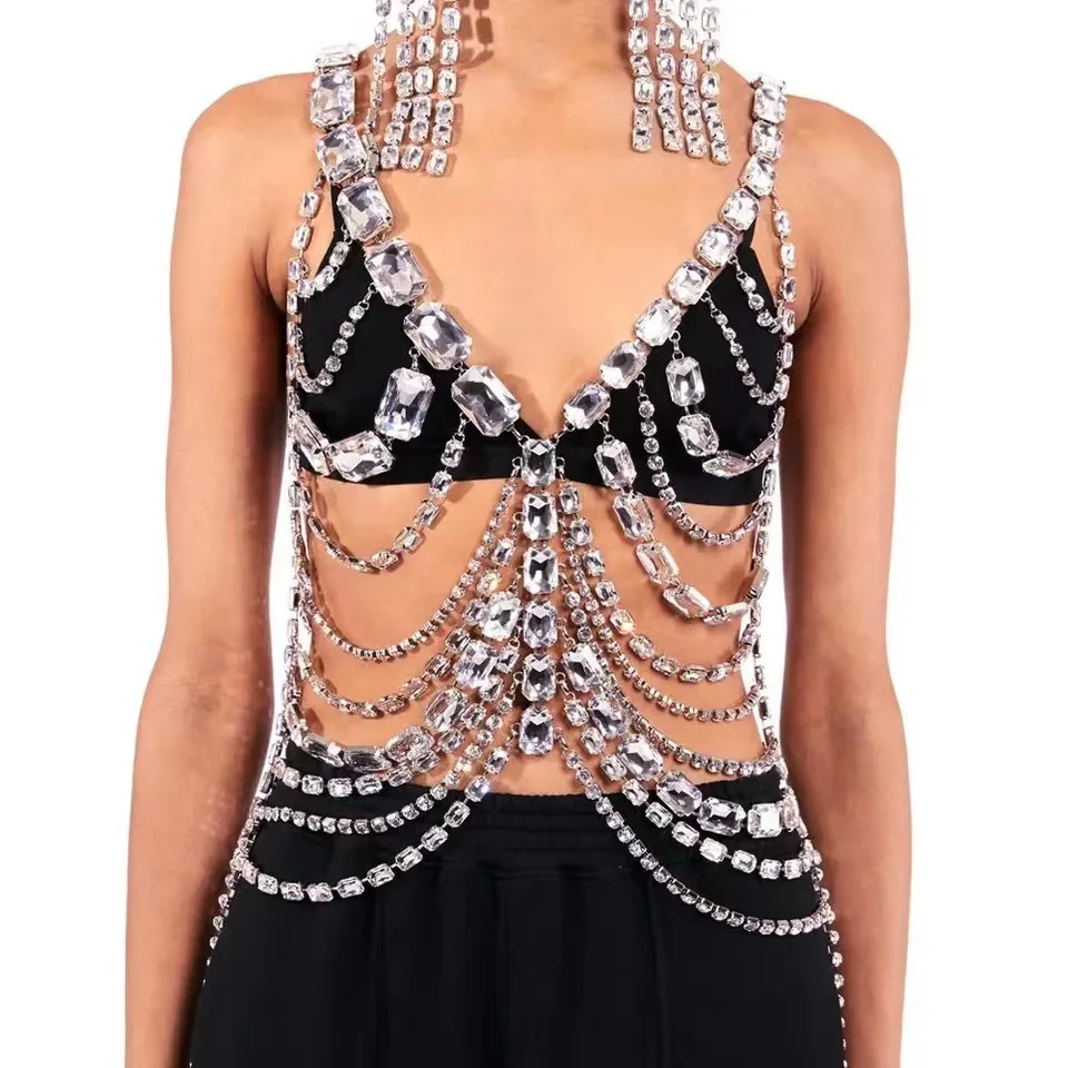 

Luxury exaggerated large rhinestone body chain jewelry Halloween carnival clothing crystal chest chain jewelry accessories body