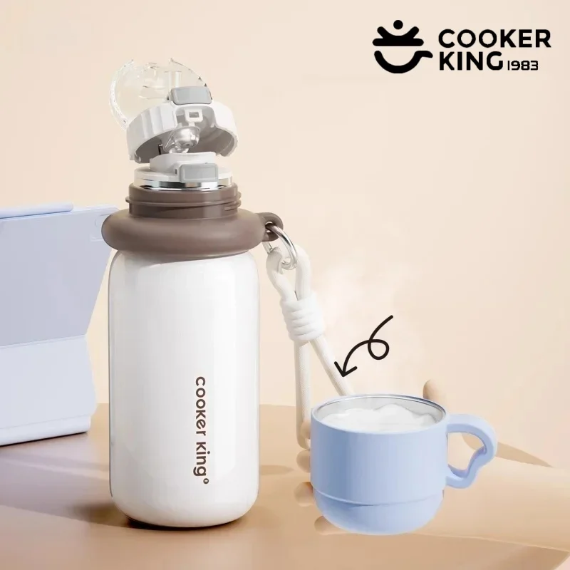 

COOKER KING 480ML Thermos Water Bottle with Straw＆Strap Stainless Steel Insulated Cup for Kids Leak-proof Portable Vacuum Flask