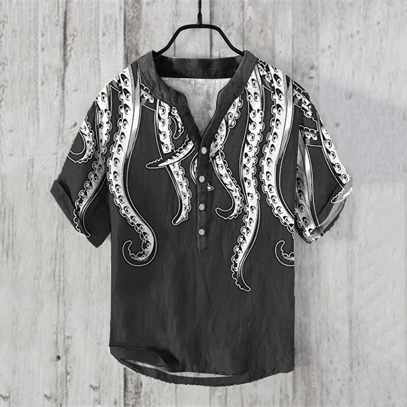 Spring and Summer Fashion Retro Octopus Art 3D Printing Pattern Shirt Men's Casual Shirt Short Sleeve Stand Collar Henry Shirt T