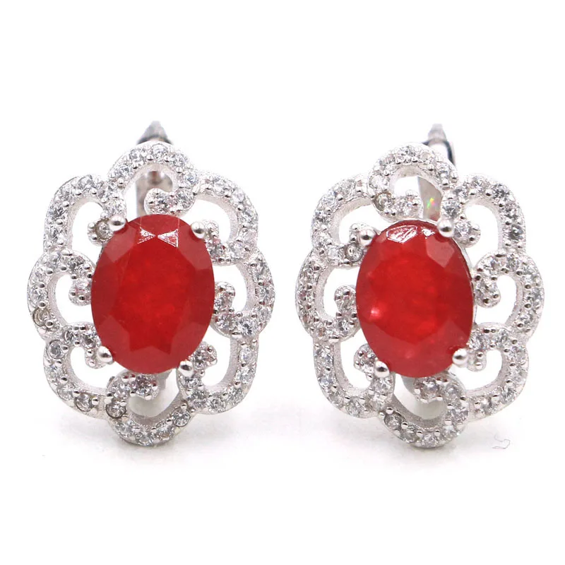 Buy 3 Get 1 Free 18x15mm Delicate Fine Cut Real Red Ruby White CZ Woman's Wedding Silver Earrings