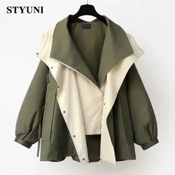 Green Color Block Asymmetric Long Sleeve Cotton Outercoat Women's Jacket Trench Coat Korean Fashion Jackets For Women Winter