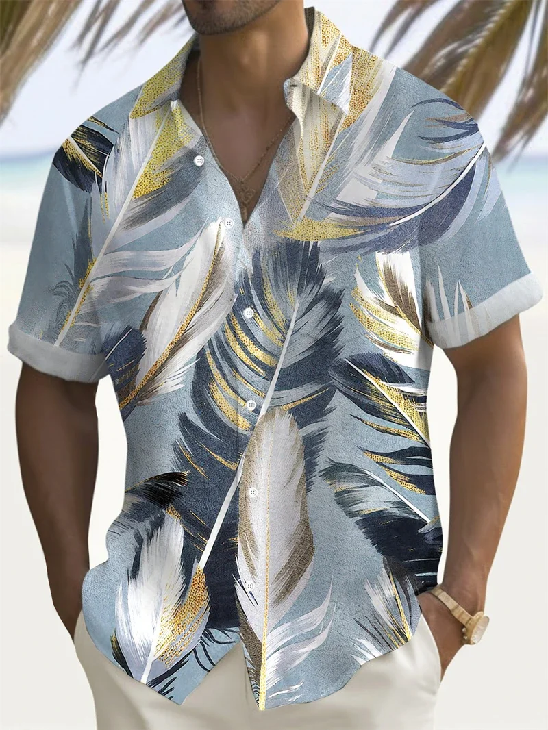 Camisa masculina de verão com estampa 3D de penas coloridas manga curta camisa havaiana com botões sem bolsos camisas para mulheres