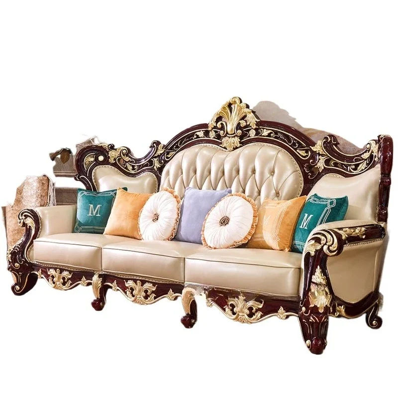 

European style luxury living room, sofa combination, solid wood leather high-end villa