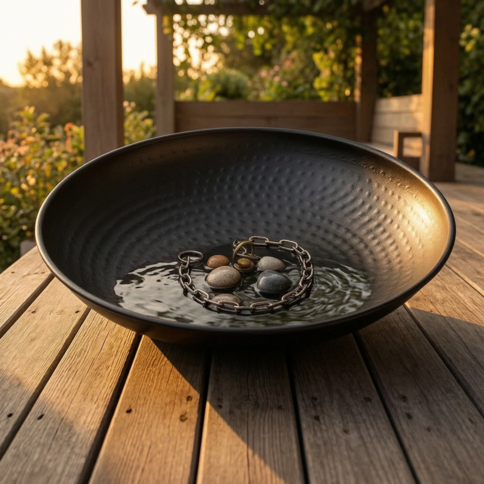 Rain Chain Basin Hand-Hammered Rain Chain Bowl Water Collection Base Decorative Heavy-Duty for Homeowners, Garden, Patio