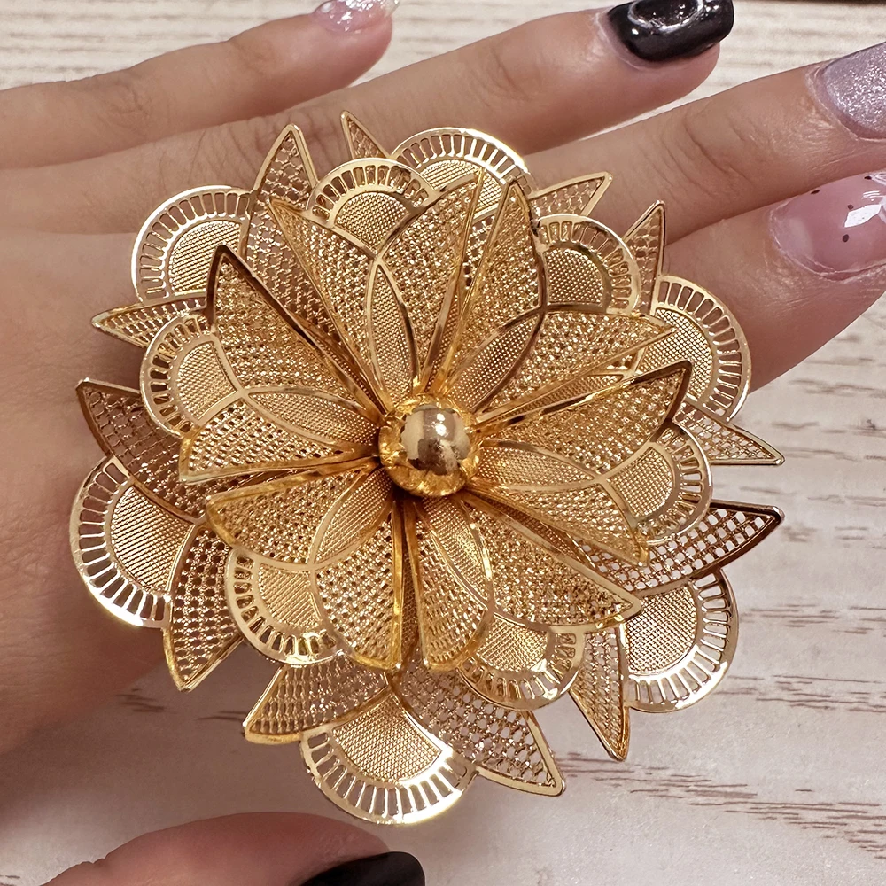 Dubai Golden Ring Brazilian Women 24K Gold Plated Wedding Bride Arabic Ethiopian Big Nigerian Jewellery Moroccan Resizable