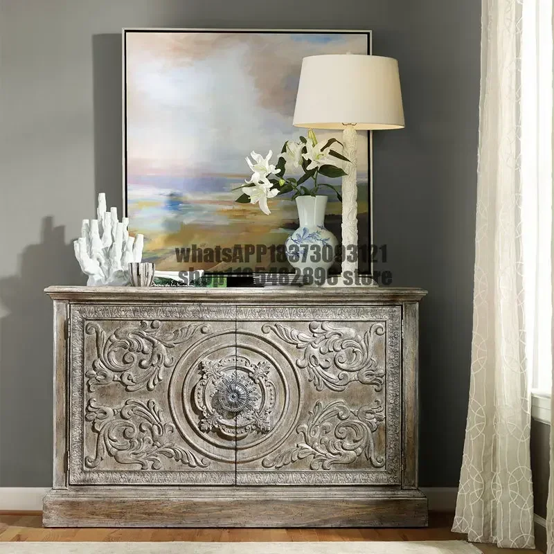 American rural all-solid wood relief dining side cabinet antique weathered gray retro old entrance cabinet high-end customized