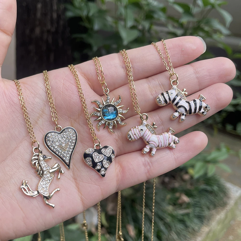 New Cute Luxury Black White Zebra Necklace Gold Steel Chain Horse Sun Heart Pendant Necklace For Women Girl Gift