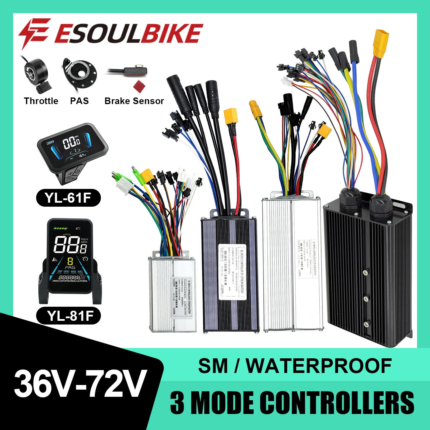 Drei-Modus-Sinuswellen-Controller 36V 48V 15A 52V 40A 72V 80A für E-Bike 2000W 3000W Bürstenloser Motorcontroller für Elektroroller und -fahrräder