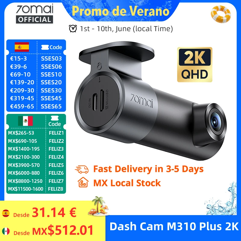 Cámara para Auto 70mai M310 Plus 2K con Control por Voz en Inglés, 1440P, WDR, Visión Nocturna, Vigilancia de Estacionamiento 24H, DVR para Auto 70mai M310 2K con Wi-Fi 6