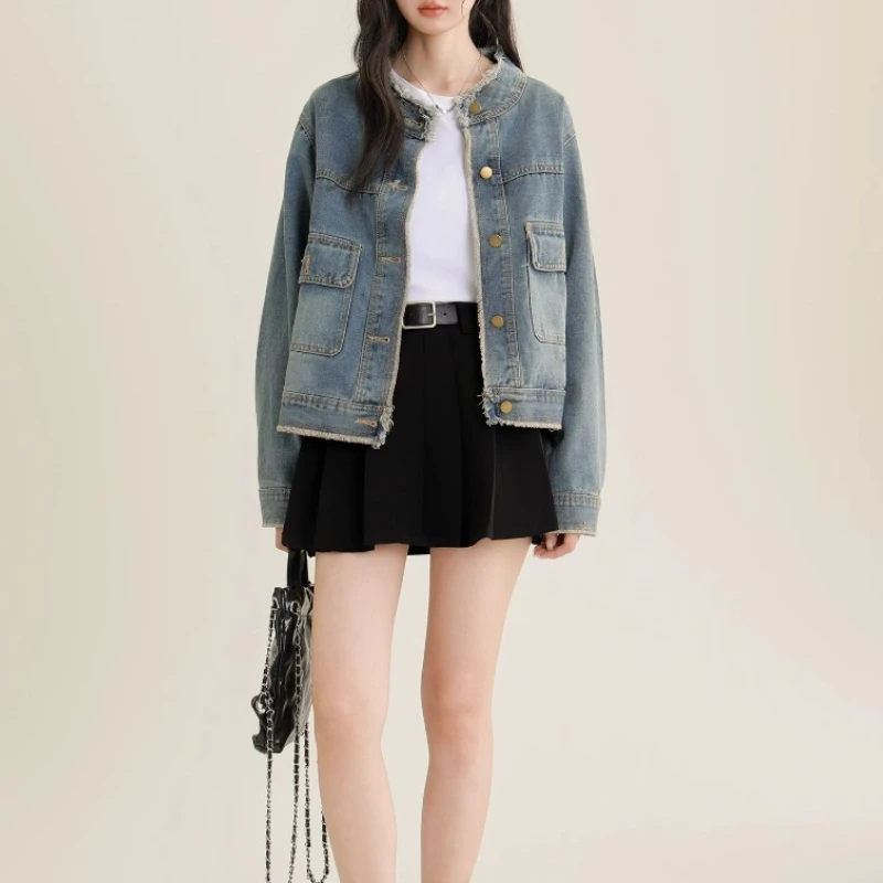 

Новое поступление 2025 года, женская американская винтажная потертая джинсовая куртка с круглым вырезом, короткая универсальная куртка большого размера, эстетичная