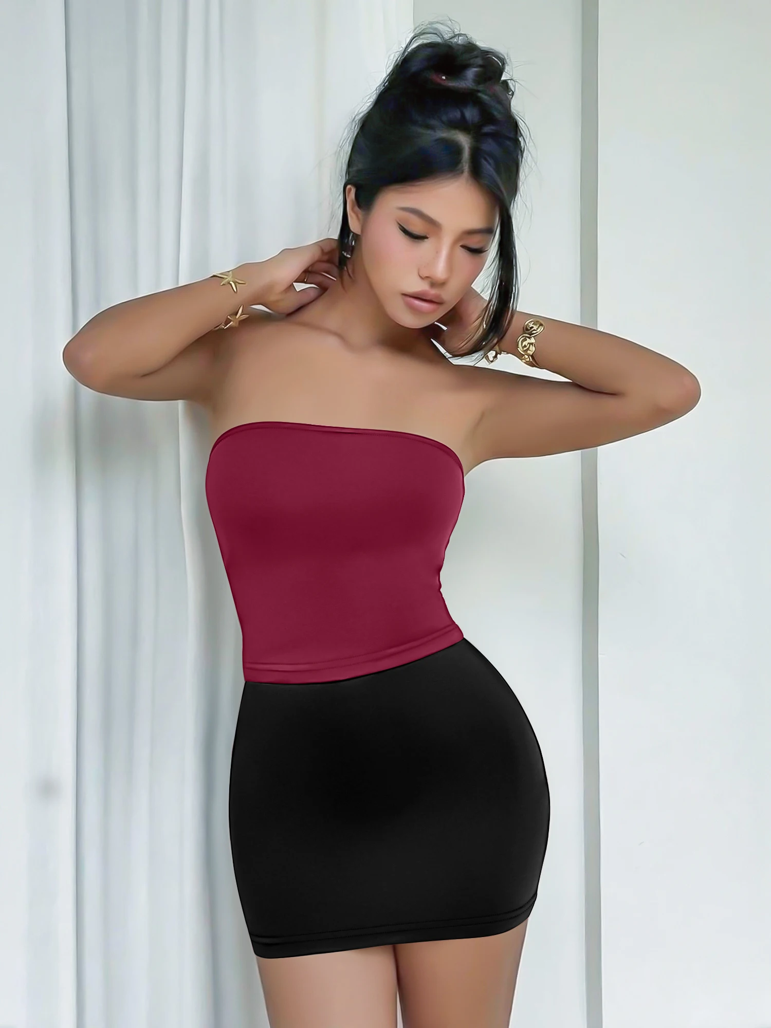 Elegant Strapless Tube Two Piece Set, Bodycon Mini Skirt for Romantic Night Date