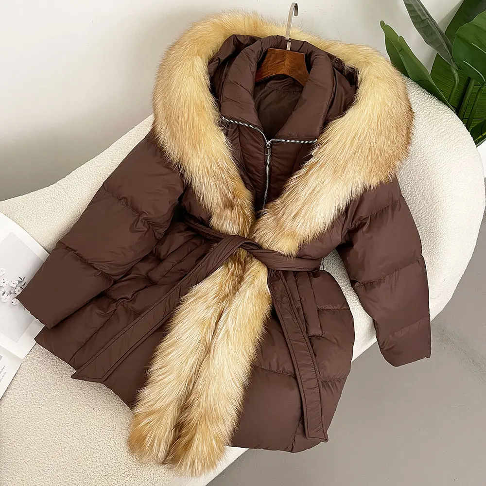 2024 Winter Jacket Women Hooded Natural Real Fox Fur White Duck Down Coat Thick Warm Streetwear Casual Outerwear Puffer Jacker