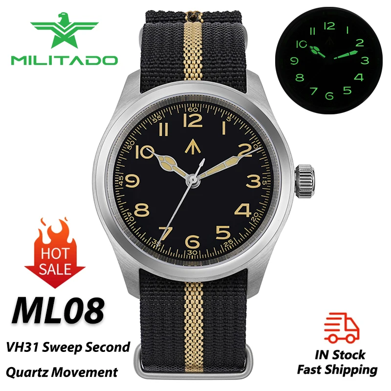 Militado ML08 ساعة ميدانية VH31 سويب حركة كوارتز ثانية مزدوجة الياقوت الكريستال C3 BGW-9 مضيئة مقاوم للماء 38 مللي متر الساعات