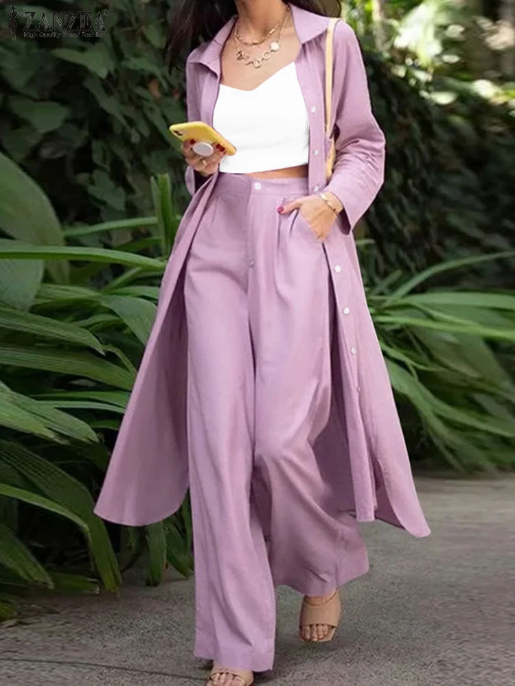 ZANZEA Fashion Long Sleeve Shirt 2PCS Women Suits Summer Matching Sets Solid Loose Pant Sets Casual Wide Leg Trousers Oversized