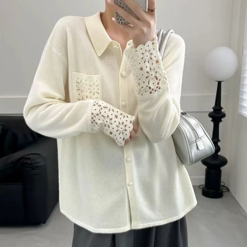 Cream Women Long Sleeve Shirt Lace Cuff Pocket Turn Down Collar Single Breasted Drop Shoulder Blouse Casual Korean Spring Autumn