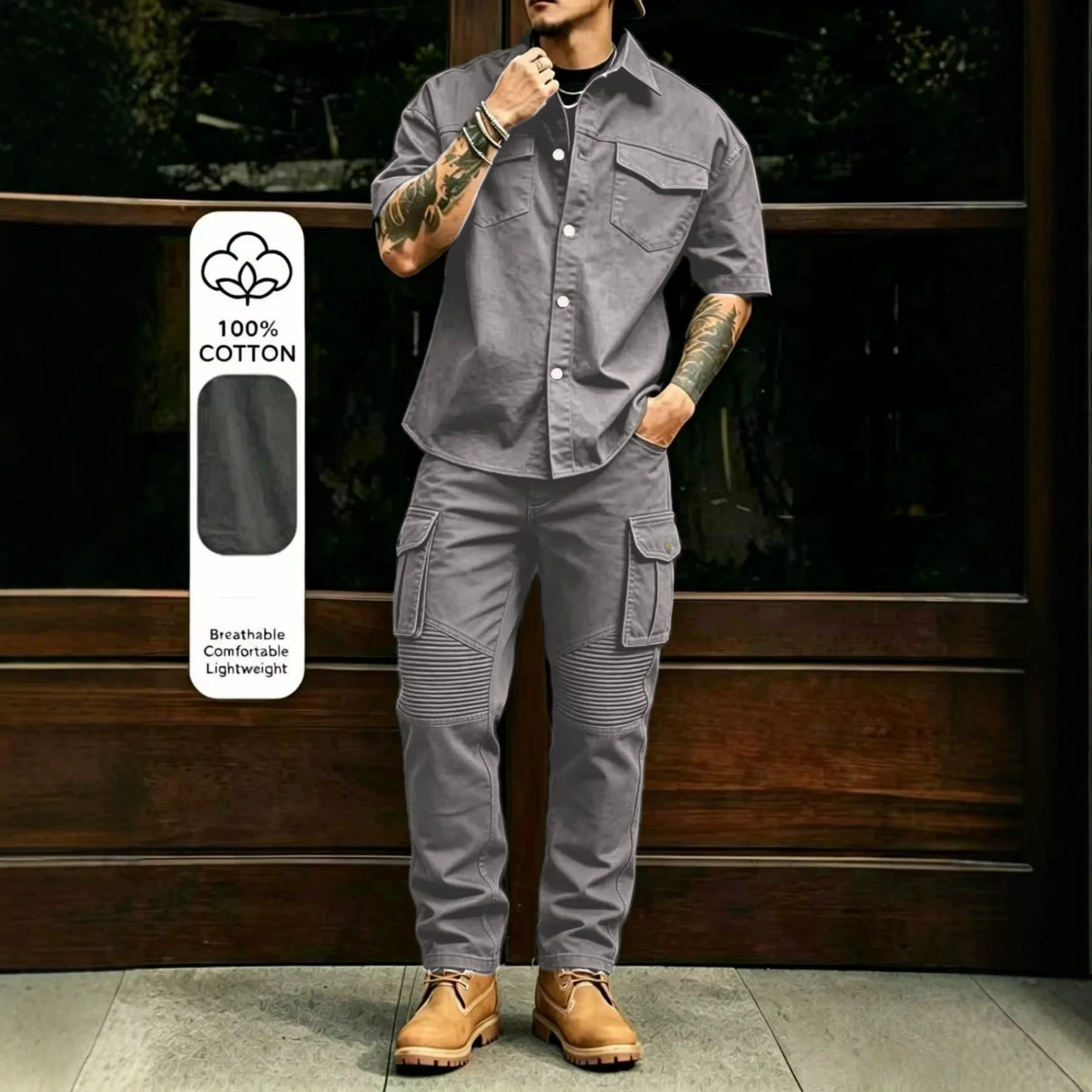 

Men 100% Cotton Button Down Short Sleeve Cargo Shirts Multi Pocket Cargo Pants 2 Piece Suit Summer Outdoor Daily Matching Outfit