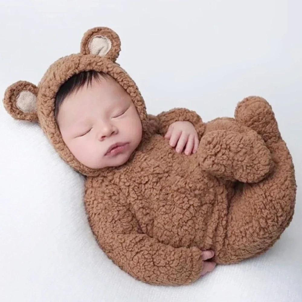 Newborn Photography Romper Bear Bonnet Pajama Set Infant Photo Props Brown Plush Bear Ear Hat Romper Photoshoot Outfit New Born