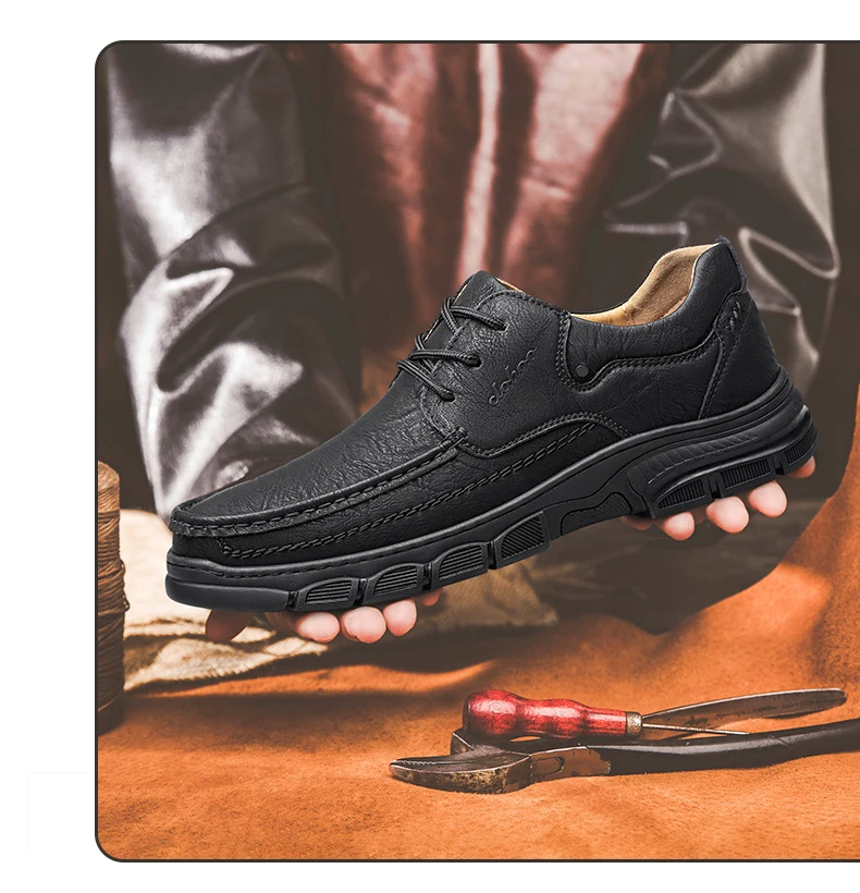 CLOHOO Men's Handmade Thick Rubber Bottom Breathable Casual Leather Shoes Classic Sewn Loafers Comfortable Leisure Footwear