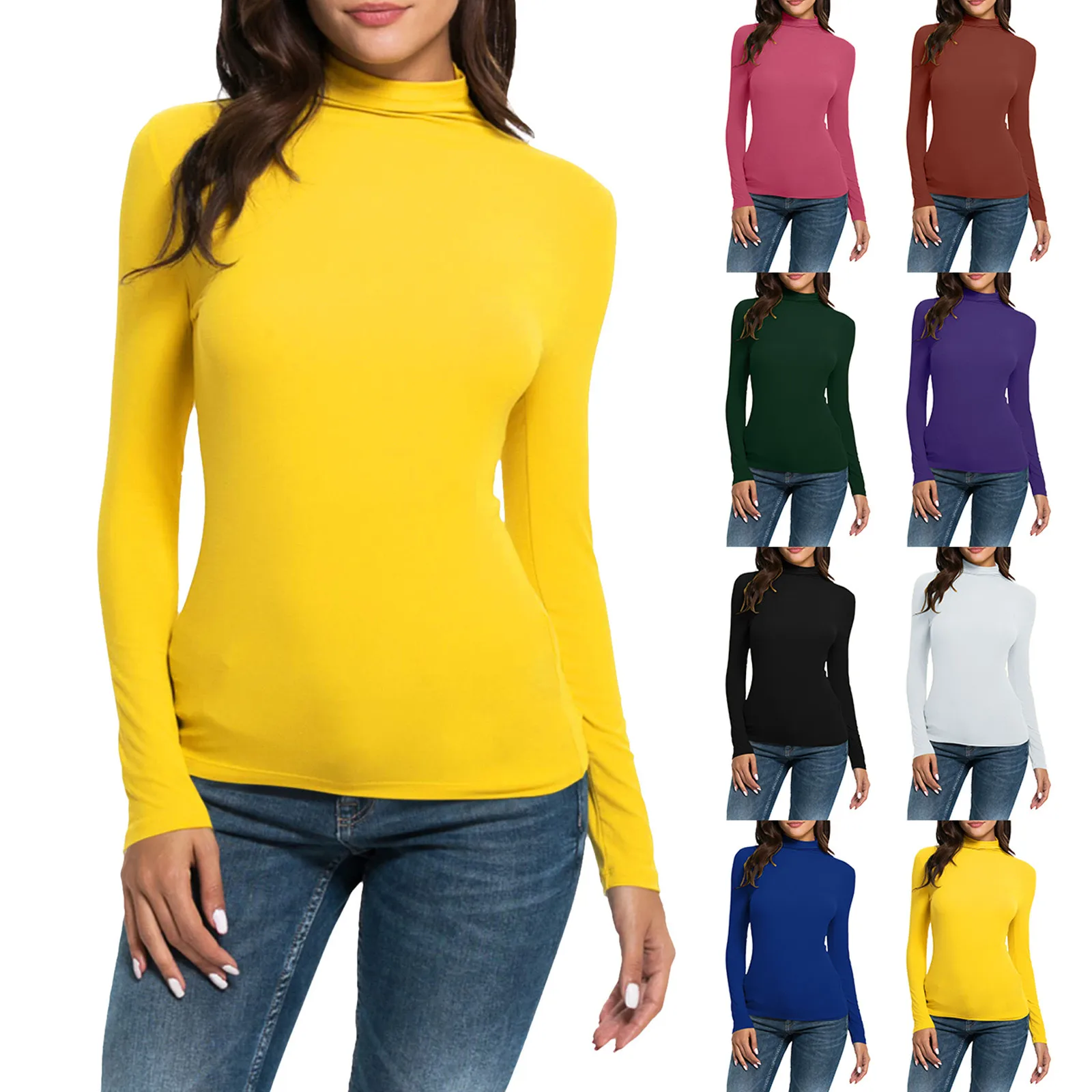 Turtleneck Women Basic T-Shirt Casual Solid Long Sleeved Blouse Tops Slim Fit Stretchy Versatile Tee Shirts Yellow Black T Shirt