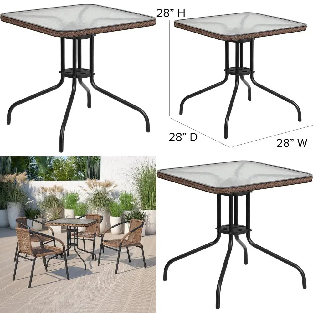 

28 Inch Square Tempered Glass Table with Dark Brown Rattan Trim