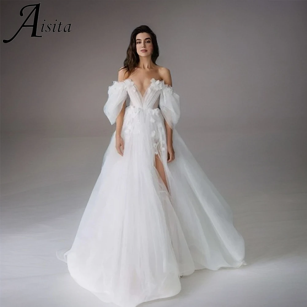 Princess A-Line Wedding Dress Off Shoulder Womens Dresses 3D flowers Side Split Customized Pretty Women's Dresses Vestido