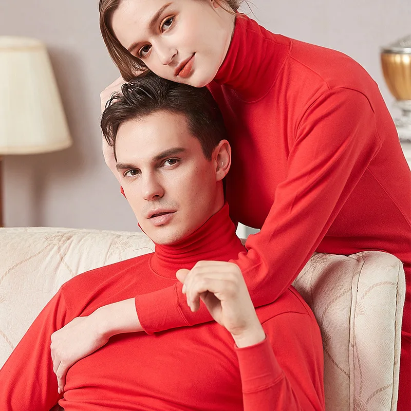Sous-vêtements thermiques longs rouge vif pour hommes et femmes, pull en pur coton, costume senior, col haut, ropa intérieur térmica