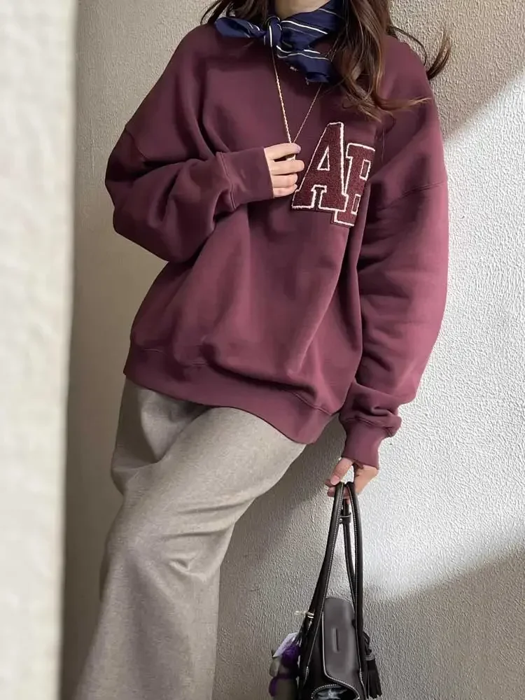 Sudadera de gran tamaño Borgoña oscuro estilo extraíble letras flocadas detalle acanalado sudadera de lana mujer Otoño Invierno