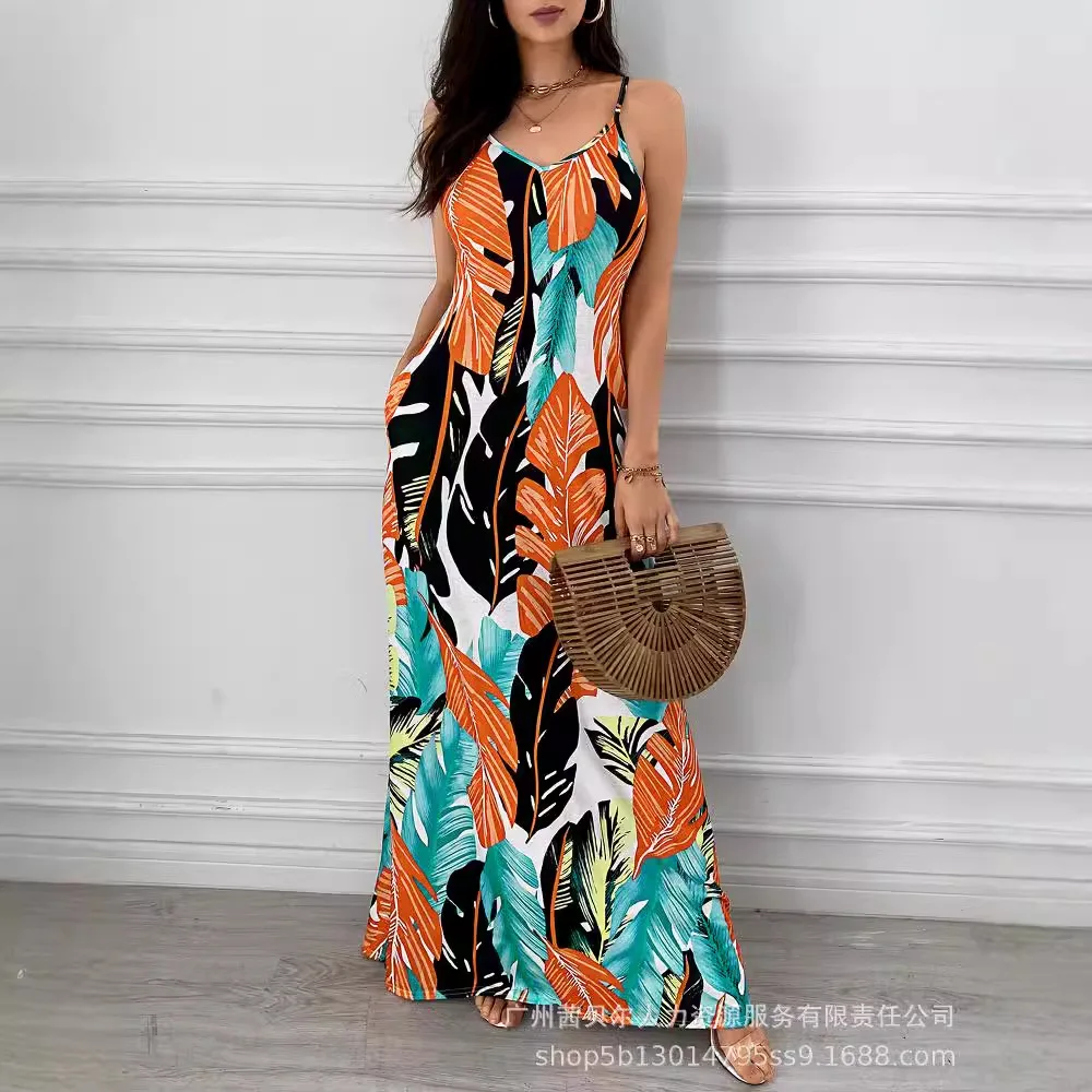 

Women Dress Sling Dresses Long Vestidos Maxi Print Floral Sleeveless Sexy Beach Casual Slim Fit V Neck Elegant Splice Summer