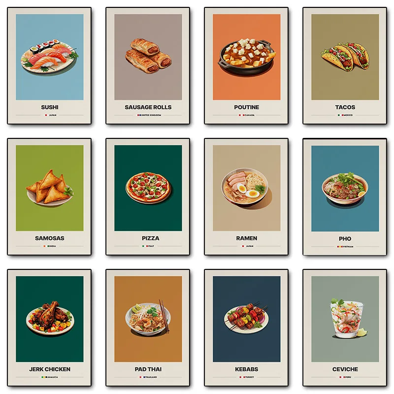 Еда Курица Колбаса Рулеты Суши Рамен Такос Плакат Печать Настенные Художественные Фотографии Холст Картина Гостиная Спальня Домашний Декор Подарок