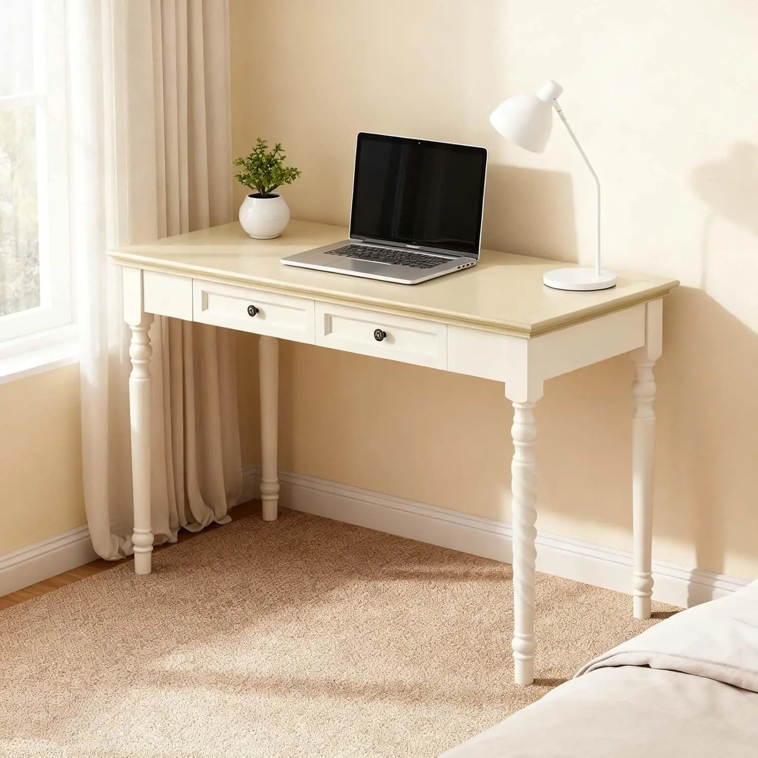 

Beige Writing Desks with Drawers, 47 Solid Wood French Country Style Computer Table for Home Office, Living Room Study or Worksp