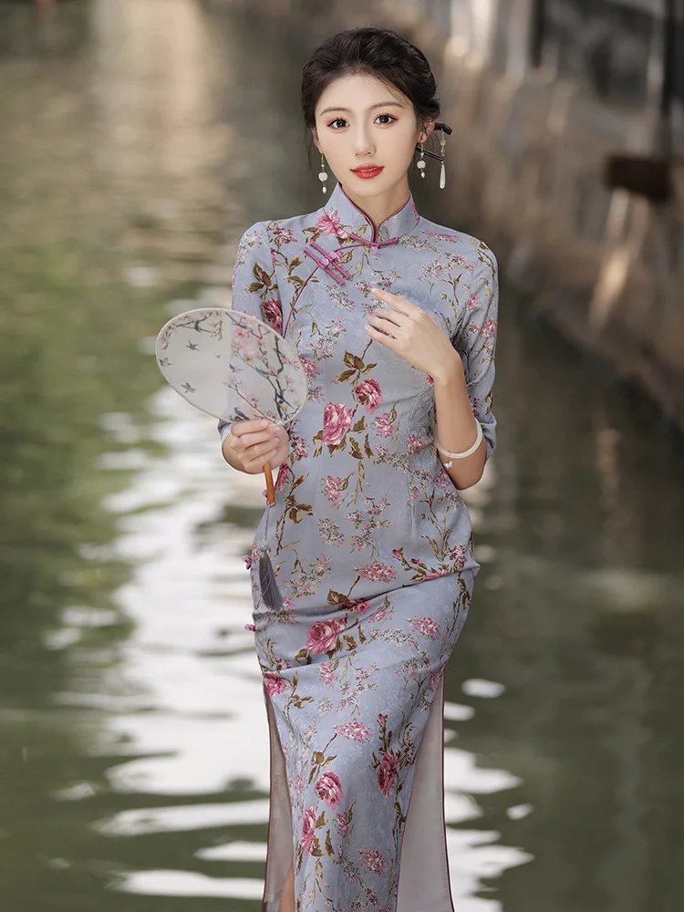 

Traditional Chinese Women's Double Layer Long Cheongsam Printed Satin Slim Qipao Orientale Dresses