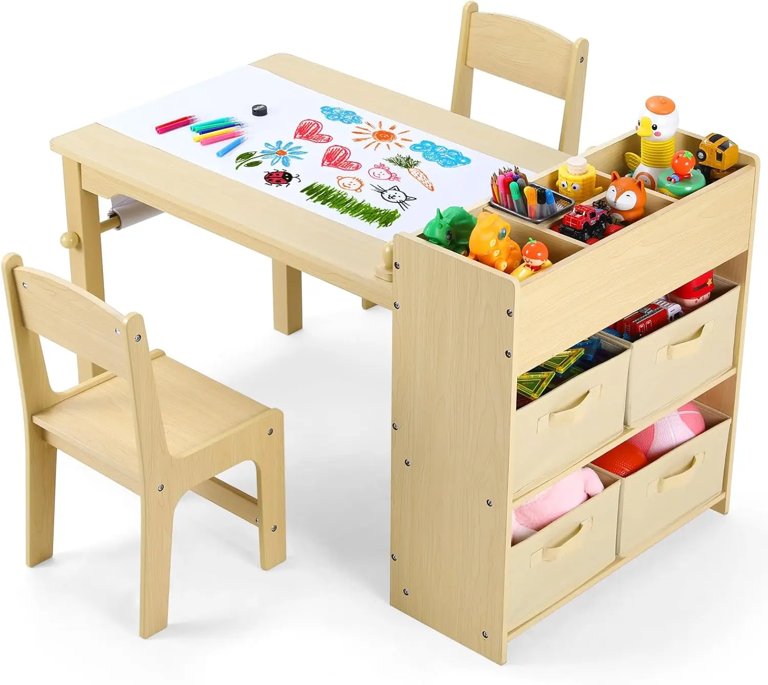 Kunsttafel en 2 stoelen, tekenbureau voor peuters met grote opbergplanken, 4 opbergbakken en papierrol, kinderen A