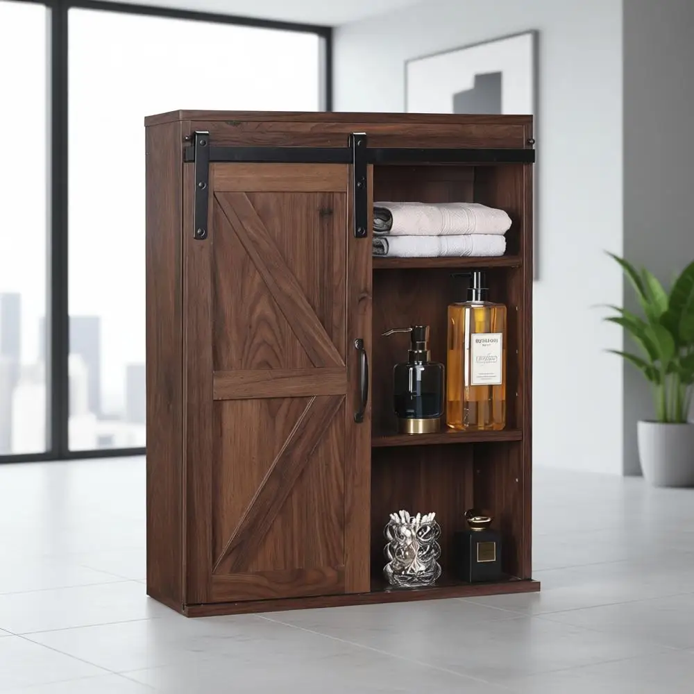 

Farmhouse Wood Wall Storage Bathroom Cabinet with Sliding Barn Door, Rustic Medicine Cabinet with Adjustable Shelf, 3-Tier Vinta