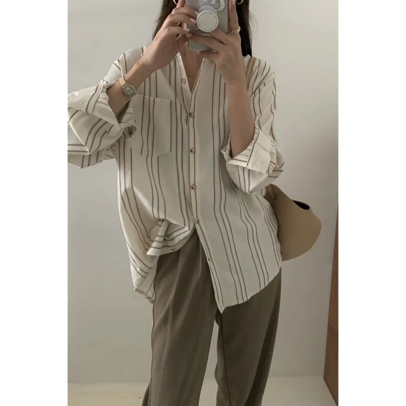 Striped Shirt for Women Elegant Social Women\'s Shirt Ladies Tops and Blouses Summer 2024 Long Sleeve Top Chiffon Blouse Tees