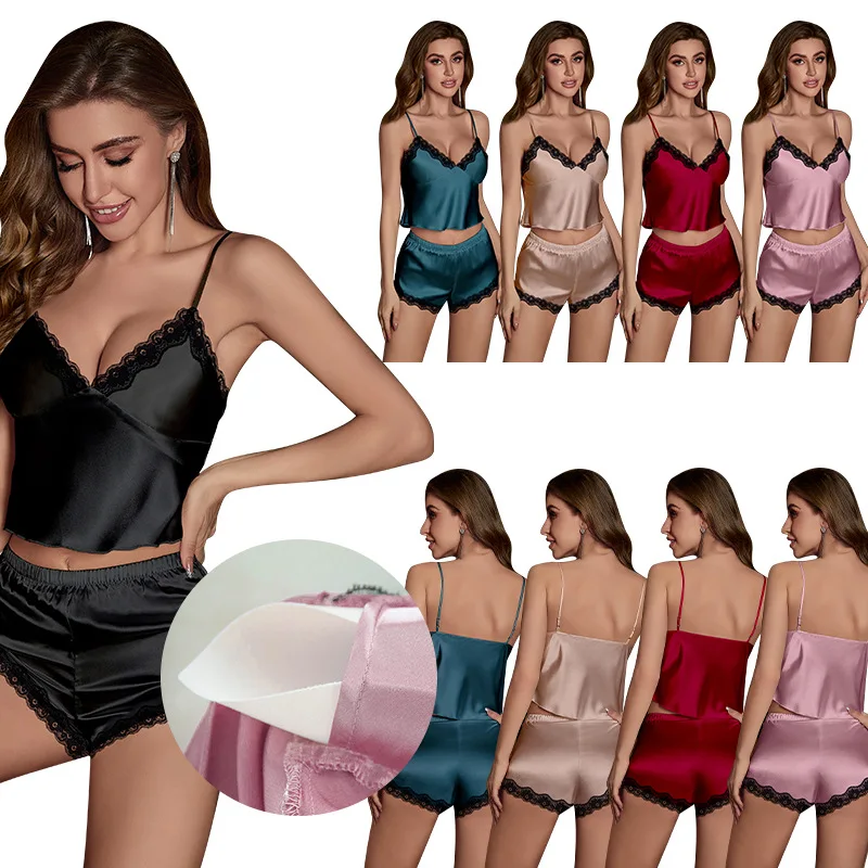 

Solid Color Women Ice Silk Pajamas Set Satin Camisole Tops and Shorts Suits Home Comfortable Casual Summer Sleepwear Clothings