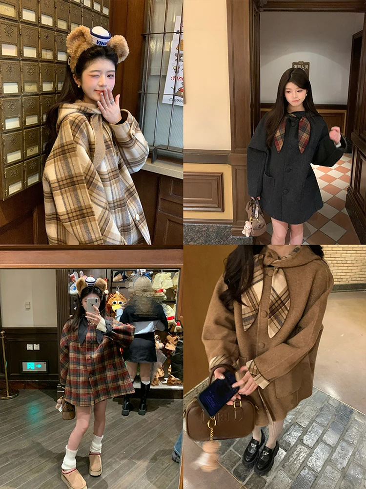 

Double-Sided Winter Coat with Rabbit Ear Tie Hat Fem Sweet Woolen Jaet Long Sve Mid-Length Single Button Closure