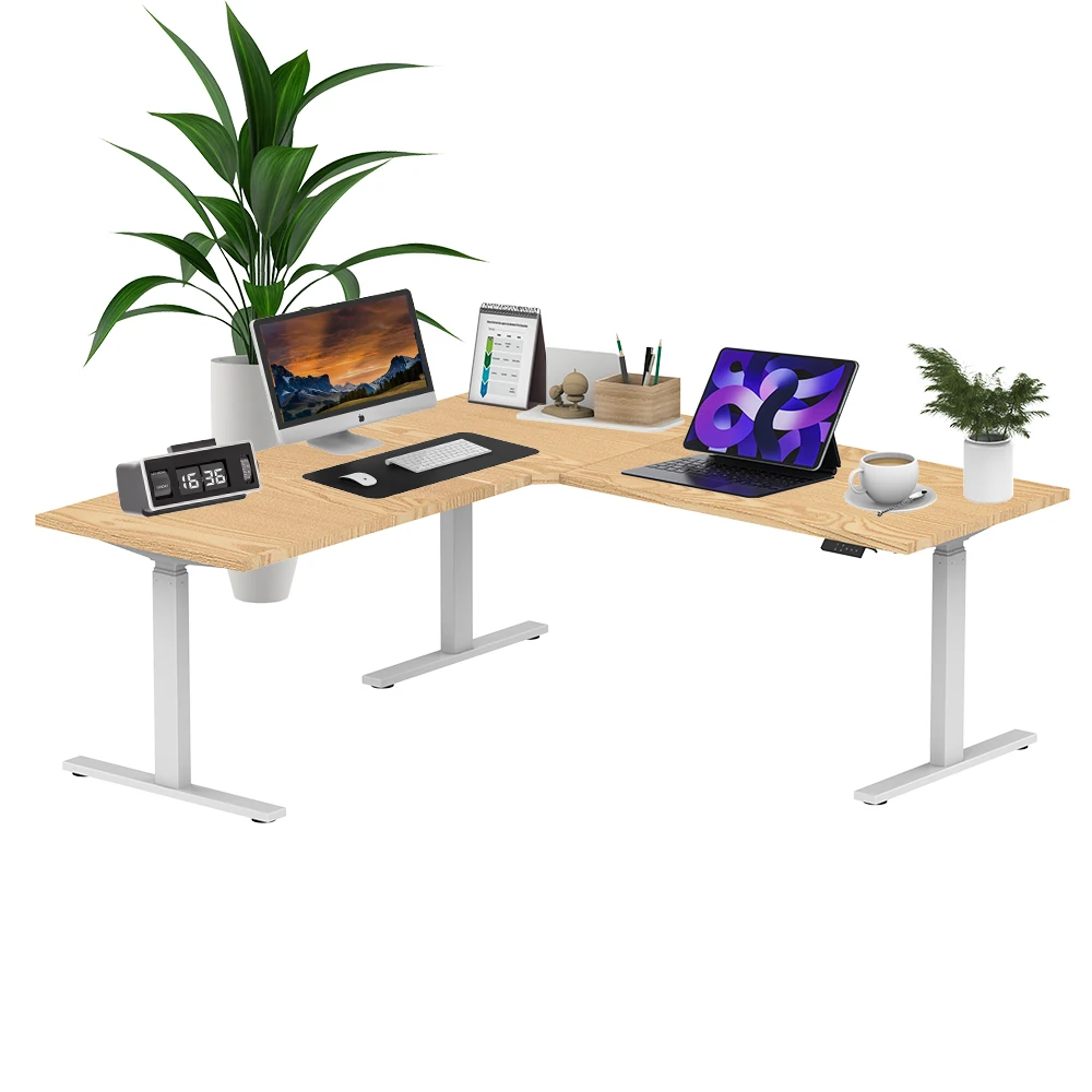 Office Adjustable Height Electric 3 Legs Desk Triple Motor Corner Sit Stand Desk L Shaped Standing Desk