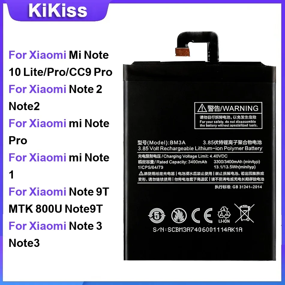 Batería para Xiaomi Mi Note 10 Lite, Note 2, Mi Note Pro, Mi Note 1, Mi Note 9T, MTK 800U, Note 3, BM52, BM48, BM34, BM21, BM54, BM3A